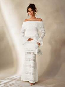 Cheriluna Maternity 优雅孕妇蕾丝荷叶边纯色针织长袖修身连衣裙，适合秋冬派对和圣诞节 - 白色 - 查看 6