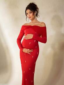 Cheriluna Maternity Váy chụp ảnh bầu, váy dài tay trễ vai ôm sát, lưới nhiều lớp, nơ và trang trí ngọc trai - Đỏ - Xem 4