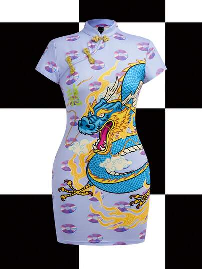 Y2Kool Vecteezy Vestido corto casual de estilo chino para mujer con estampado de dragón oriental futurista en tonos pastel morados, patchwork, botones dorados y contraste de colores en estilo Y2K y ciberpunk