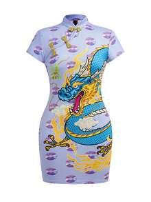 Y2Kool Vecteezy Pastel Purple Futuristic Oriental Dragon Print Patchwork Gold Button Contrast Color Y2K Cyber Punk Casual Chinese Style Mini Dress For Women Gyaru Graphic Dress Party Dress - Mauve Purple - View 5