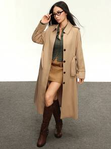 INAWLY Women's Casual Solid Color Belted Trench Coat - Khaki - View 4