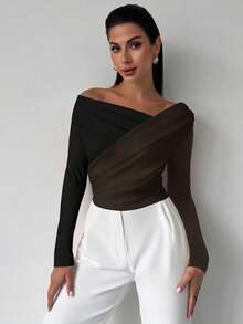 Firerie Áo thun tay dài cổ bẻ phối màu đơn giản thanh lịch quyến rũ gợi cảm hàng ngày cho nữ đi làm lễ hội âm nhạc nghỉ dưỡng - màu nâu - Xem 1