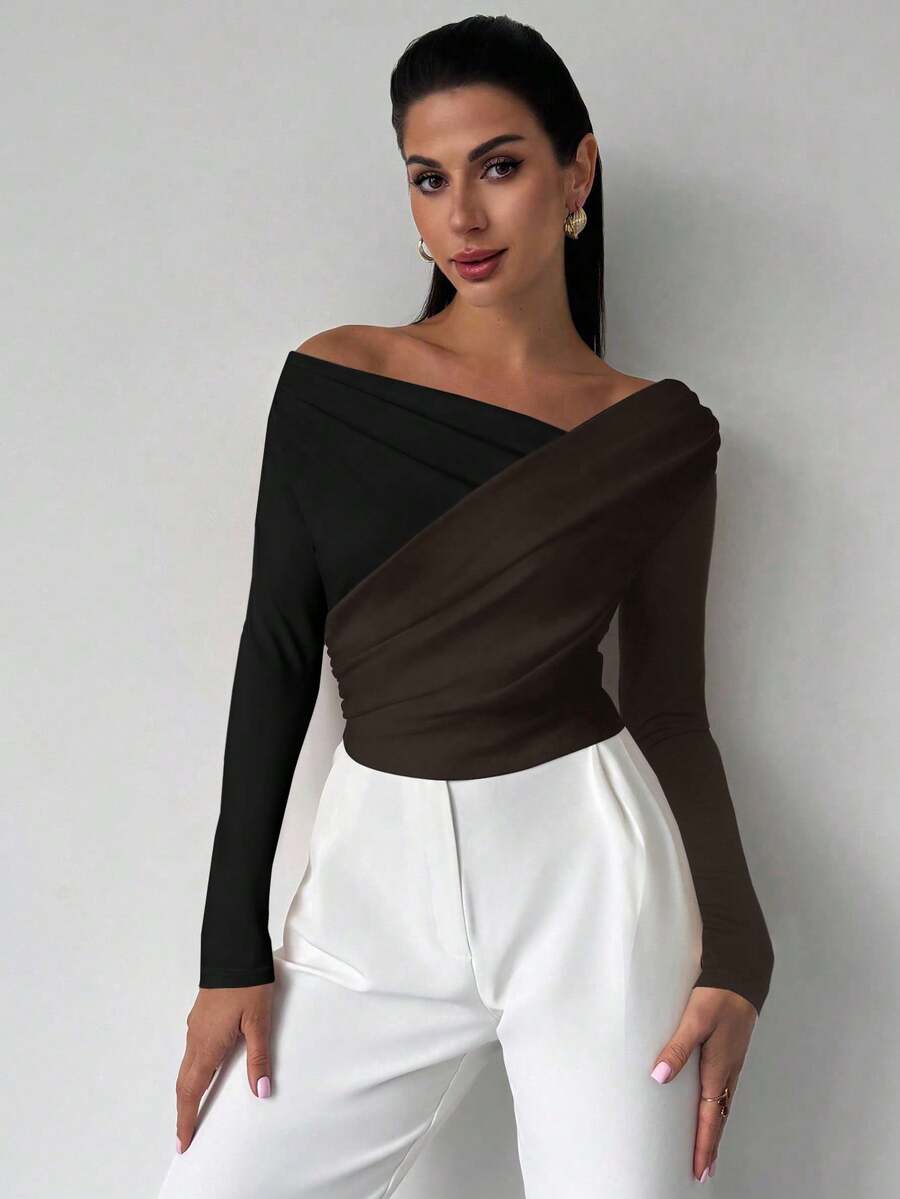 Firerie Áo thun tay dài cổ bẻ phối màu đơn giản thanh lịch quyến rũ gợi cảm hàng ngày cho nữ đi làm lễ hội âm nhạc nghỉ dưỡng - màu nâu - Xem 1