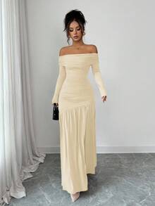 Elenzga 女式复古优雅露肩修身长袖针织连衣裙，秋冬装，万圣节 - 杏色 - 查看 4