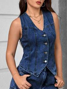 SHEIN Essnce Women's Solid Color Front Button V-Neck Sleeveless Denim Jacket - Dark Wash - View 5
