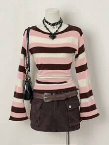 EgrlEra 女士休闲撞色圆领喇叭袖毛衣，秋冬季 - 粉色 - 查看 1