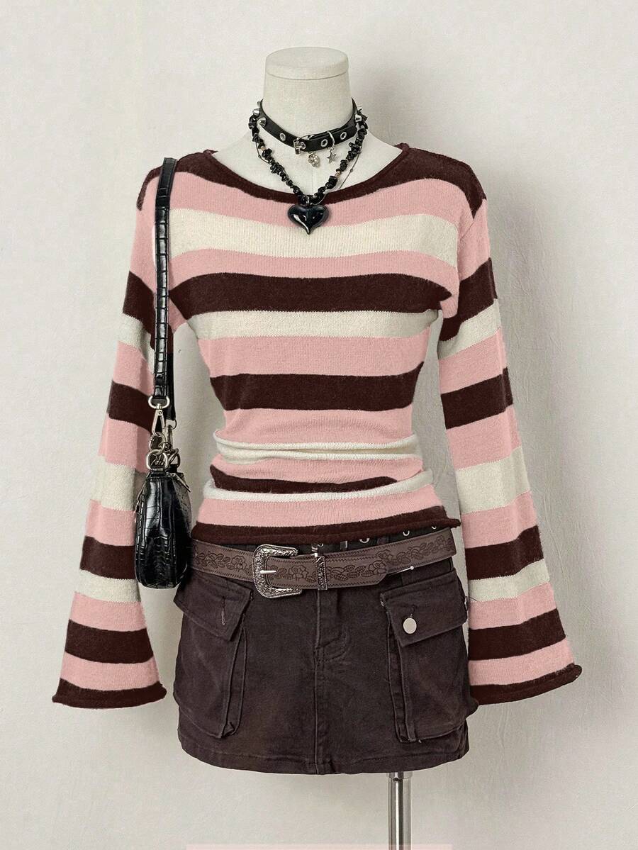 EgrlEra 女士休闲撞色圆领喇叭袖毛衣，秋冬季 - 粉色 - 查看 1