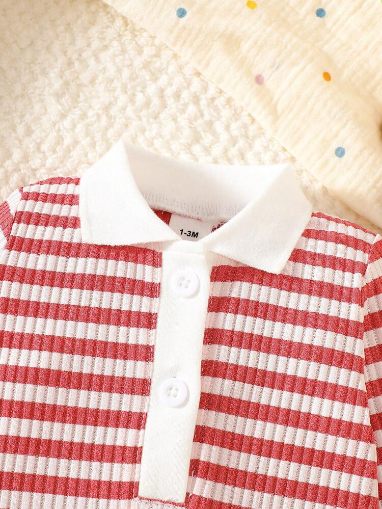 Newborn Baby Girl Cute Striped Collar Long Sleeve Jumpsuit, Lightweight & Comfortable Summer Outfit - Hot Pink - View 6