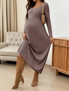 SHEIN Đầm suông dài tay cổ tròn màu trơn cho bà bầu - Cà phê nâu - Xem 5
