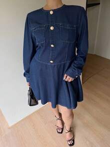 Dripcurv Women's Plus Size Autumn/Winter Dark Blue Non-Stretch Denim Slim Fit Long Sleeve Denim Awning Dress,Elegant Dress For Women ,New Year Dress,New Year Look,Christmas Outfit For Women,Thanksgiving Outfit For Women - Blue - View 3