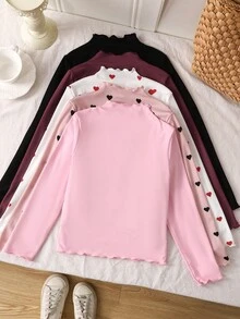 SHEIN 少女休闲基础款纯色针织弹力长袖打底衫上衣多件装，非常适合秋冬季休闲日常穿着及上学穿着，必备百搭单品 - 酒紅色 - 查看 2
