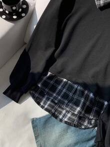 Comfortcana 秋冬撞色格纹印花领口和下摆卫衣、长袖上衣 - 黑色 - 查看 6