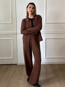 DAZY 2pcs Women's Solid Color Drop Shoulder Long Sleeve Button Front Casual Sweater Set - Khaki - View 3