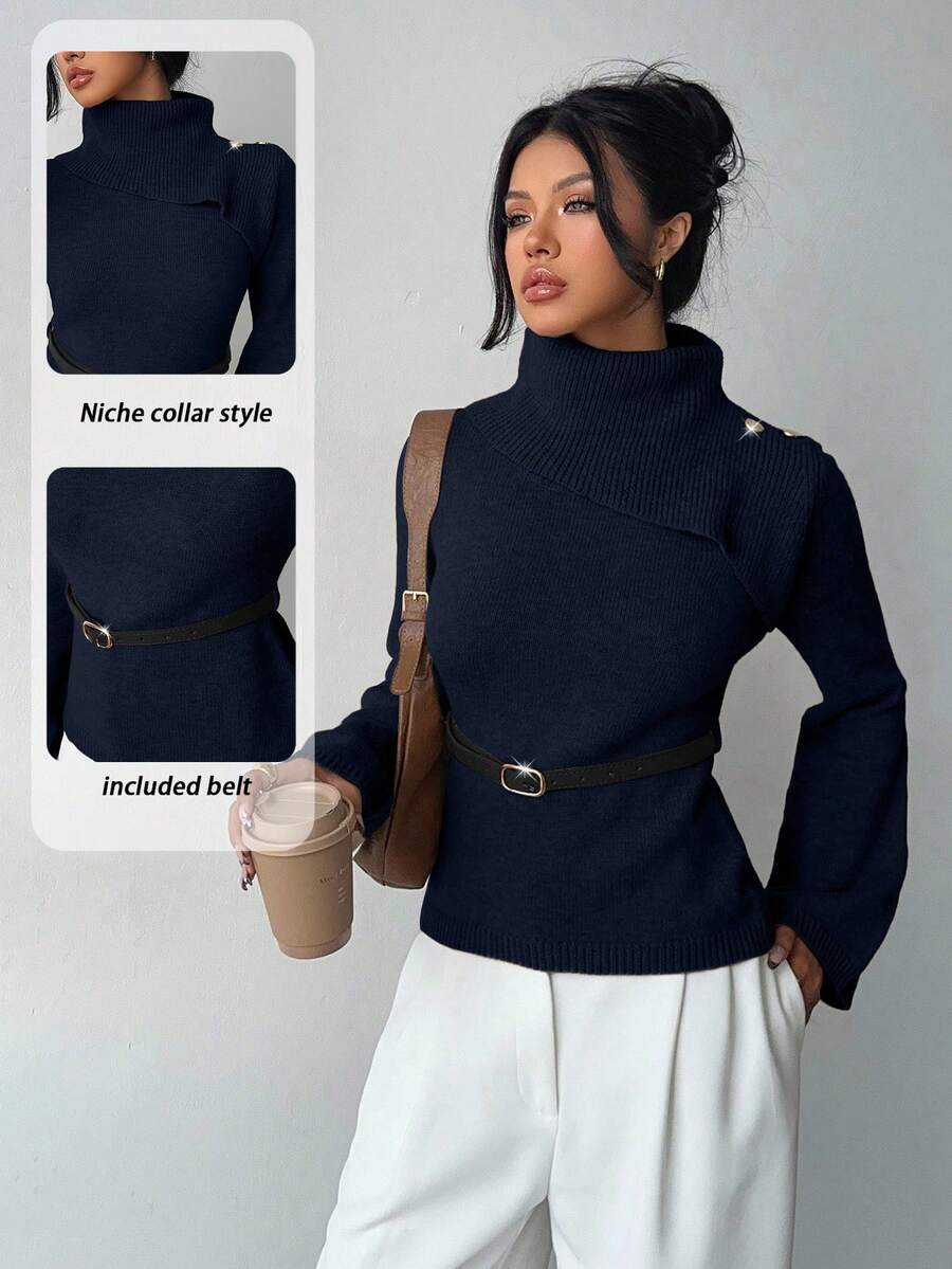 Elenzga Khaki Elegant Flared Sleeve Niche Design Collar, Paired With Brown Metal Fashionable Belt, Women Sweater For Autumn/Winter - Blue - View 1