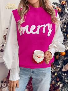 SHEIN LUNE Red Sleeveless Letter Embroidered Sweater Vest For Women For New Year Clothes - Hot Pink - View 4