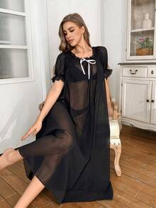 SHEIN 性感透明网眼 V 领蝴蝶结短袖女式睡袍 - 黑色 - 查看 3