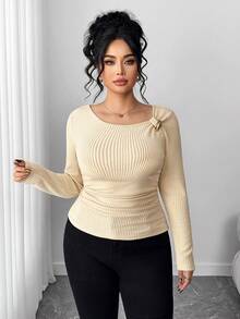 Elenzga Große Größen Neue Damen Schräger Kragen Langarm Gerippter Fleece mit Metallknöpfen an der Taille, Raffung Design, Lässig Vielseitig Elegantes T-Shirt Top, Herbst/Winter - Aprikosenfarben - Übersicht 2