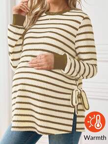 SHEIN 孕妇休闲条纹侧开衩卫衣，秋季长袖上衣 - 棕色 - 查看 1