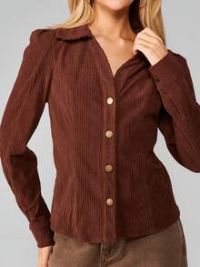 MISSGUIDED Ribbed Button Up Cardigan Jacket With Gold Button Accents Casual Fall Winter Layering Piece - Brown - View 5