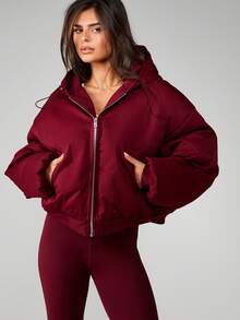 MISSGUIDED 超大号连帽拉链羽绒服，适合寒冷天气和圣诞节穿着 - 酒紅色 - 查看 4
