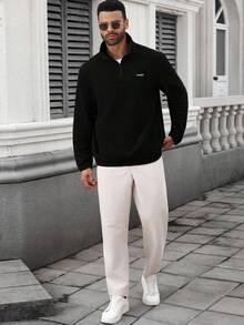 Manfinity CasualCool Autumn/Winter Fleece Stand Collar Half Zip Long Sleeve Loose Thickened Casual Sports Pullover Sweatshirt Men Solid Color Fitness Gym Training Knit Jacket - Black - View 5