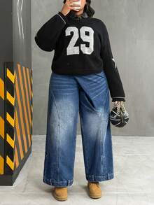 Slaydiva Jeans casuales holgados de pierna ancha con cintura asimétrica para mujer de talla grande