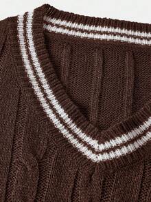 SHEIN Pulovere pentru fete adolescente, cu decolteu adânc în V, mânecă lungă, dungi, casual, elegante și moi, cu mânecă lungă