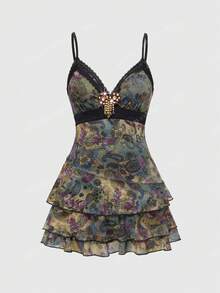 ROMWE Women's Retro Hippie Vintage Ruffle Ribbon Lace Paisley Print Mini Dress - Yellow - View 1
