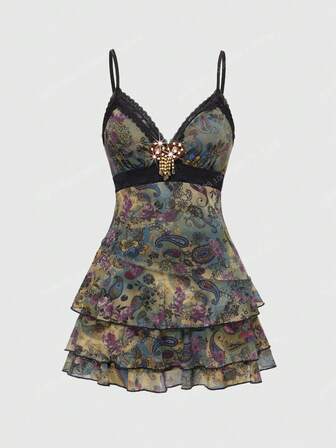 Women's Retro Hippie Vintage Ruffle Ribbon Lace Paisley Print Mini Dress