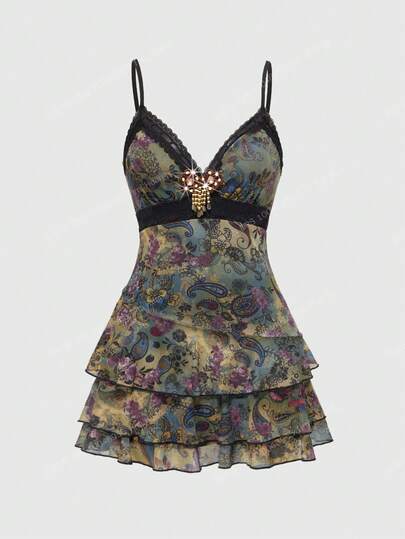 Hippie Vestido mini con volantes, cinta y encaje con estampado de paisley vintage hippie retro para mujer