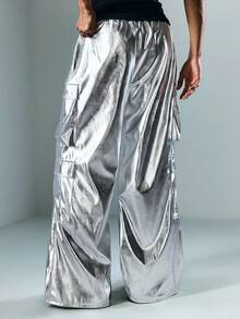 ROMWE MEN Street Life Men's Shiny Silver Elastic Waist Cargo Pocket Wide Leg Casual Sweatpants - Silver - View 3