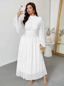Firerie 大码女式优雅浪漫优雅日常通勤海滩度假立领褶皱高腰 A 字形喇叭长袖连衣裙 - 白色 - 查看 1