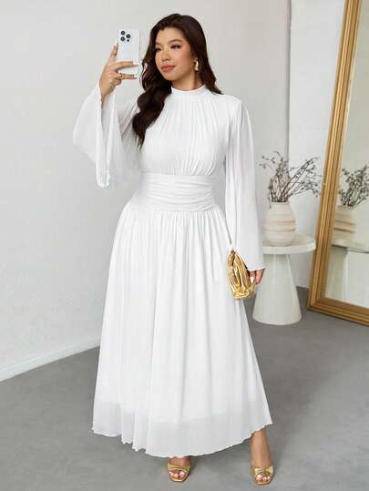 Firerie Plus Size Women Elegant Romantic Elegant Daily Commute Beach Vacation Stand Collar Pleated High Waist A-Line Flare Long Sleeve Dress/Wedding Spring