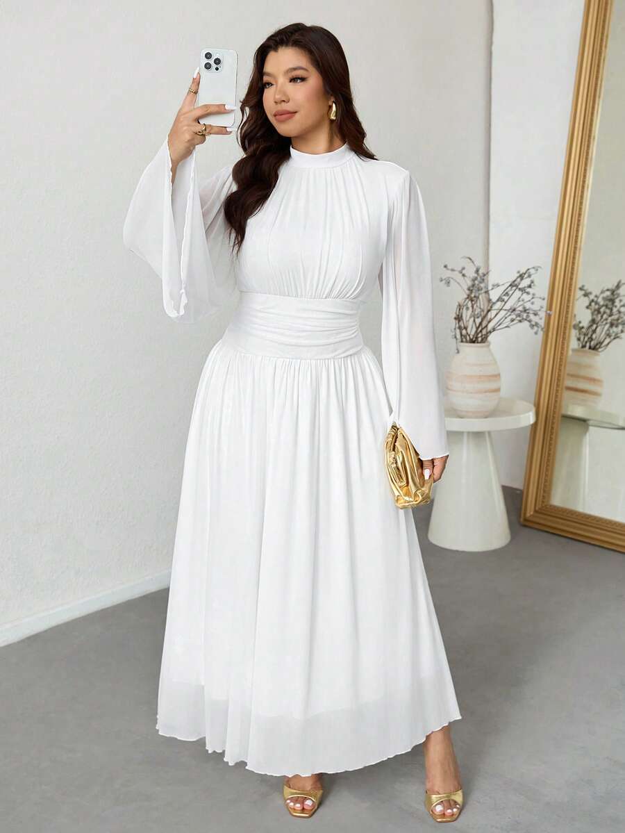 Firerie 大码女式优雅浪漫优雅日常通勤海滩度假立领褶皱高腰 A 字形喇叭长袖连衣裙 - 白色 - 查看 1