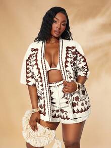 SHEIN SXY Plus Size Women's Spring&Summer Elegant Sexy Holiday Floral Printed Beach Set With Short Sleeve Shirt And Elastic Waist Shorts 2PCS-SET,Suitable For Everyday Wear,Two Pieces Set Women 2 Pieces Vacation Set,Boho,Bohemian,Outing,Resort,Beach Vacation,Holiday,Seaside,Western Wear,Music Festival,Concert,Carnival Party,Richly Layered,Date Night,Ibiza,Nashville,Break,Modest,Chic,Club,Cute,Casul,Shopping, Streetwear,Going Out,Coquette,Easy To Match&Looks Slim,Accent Your Body,Flatter The Figure - Multicolor - View 3