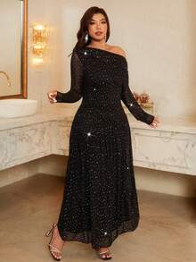 Firerie 大码女式优雅休闲连衣裙，适合度假、派对、约会、聚会、舞会、下午茶，带网眼、亮片、刺绣、松紧带、不对称下摆、单肩、长袖、秋冬 - 黑色 - 查看 7