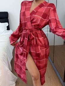 Dream Adore Women's Plaid Print Belted Pocket Long Sleeve Robe, Winter - Red - View 1