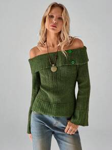 SHEIN TRNDY 1pc Women's Green Sweater, Vintage Button Design Off Shoulder, Contrast Color Flare Sleeve, Textured Elastic Long Sleeve Casual Pullover For Autumn/Winter - Green - View 6
