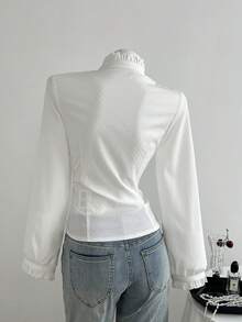 Elamini 1 Áo cánh cổ chữ V xếp nếp vải jacquard chấm bi trắng dành cho nữ, thích hợp mặc hàng ngày, đi làm và thường ngày, mùa thu - trắng - Xem 2