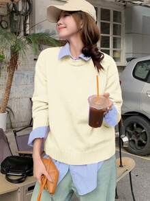 DAZY 1pc Women's Loose Fit Solid Color Crew Neck Long Sleeve Sweater