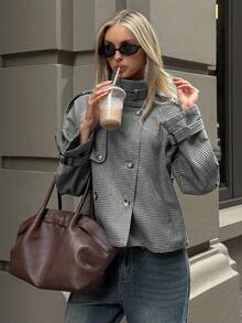 Aloruh Women's Casual Loose Houndstooth Patterned Jacket - Black and White - View 3