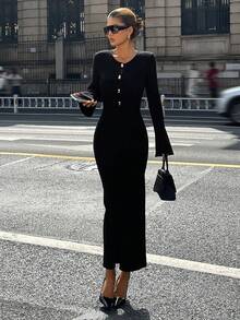 DAZY Women's Round Neck Flare Sleeve Waist Cinched Sweater Dress, Autumn/Winter - Black - View 3