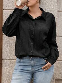 EMERY ROSE 大码女式梭织常规秋冬休闲舒适约会夜压花黑色长袖衬衫 - 黑色 - 查看 6