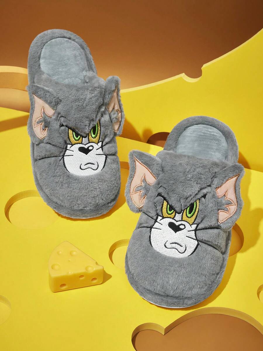 TOM & JERRY X SHEIN Dép đi trong nhà chống trượt họa tiết hoạt hình thêu 3D thời trang cho bé gái, chất liệu vải nhung mềm mại, ấm áp, đế bền, phòng ngủ, phòng máy lạnh, mùa xuân thu, dành cho cả nam và nữ, cặp đôi, mèo - Xám - Xem 1