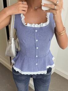 DAZY Women's Summer Colorblock Lace Patchwork Plaid Casual Waist Fitted Camisole Shirt Babydoll Top Cute Tops - Blue - View 5