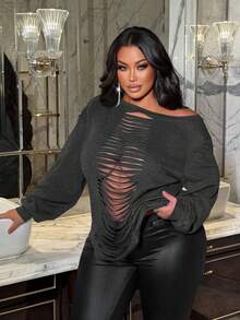 NU&NOW 大码女式纯色长袖性感破洞T恤 - 灰色 - 查看 6