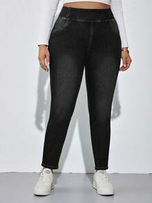 SHEIN Tall CURVE Quần áo cỡ lớn Thu Thu Trở lại trường Homecoming Halloween Y2k Dễ thương Thời trang đường phố Goth Grunge Techno Sinh nhật Đêm đi chơi Đi chơi Câu lạc bộ Sân bay Kinh doanh thường ngày Phụ nữ Đồng quê Cổ điển Khiêm tốn Tiền cũ Kinh doanh thường ngày Phụ nữ Công việc Giáo viên Dành cho phụ nữ Nhà thờ Phụ nữ Màu trơn Thường ngày Quần jean xanh Quần jean cạp chun Quần jean co giãn cao - màu đen - Xem 5