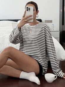 Livesso Áo thun dài tay rộng cổ tròn màu trơn dành cho nữ - Màu xám đen - Xem 5