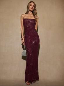 SHEIN BAE 秋冬女士鸡尾酒会夜店装酒红色露肩无袖水钻闪光奢华美人鱼下摆连衣裙，适合鸡尾酒会、浪漫约会、秋冬打底连衣裙、聚会、正式活动、万圣节连衣裙、圣诞节连衣裙 - 酒紅色 - 查看 3