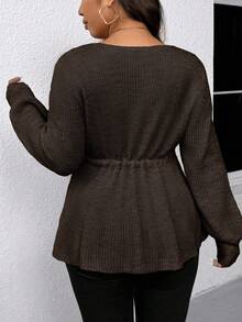 EMERY ROSE Plus Size Women Pullover Sweater With Cinched Waist Design, A-Line Silhouette, Elegant - Coffee Brown - View 2